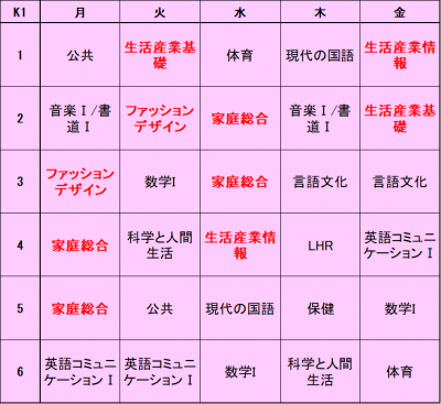時間割（K1）