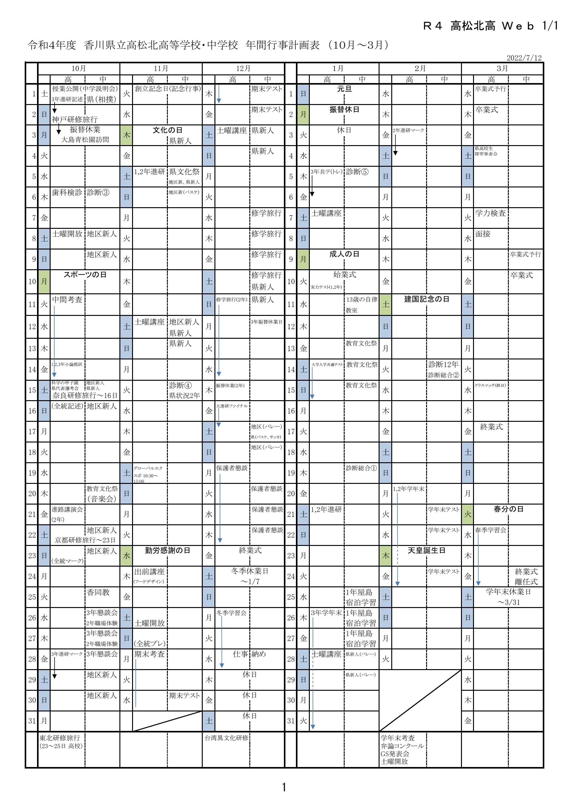 年間行事予定 香川県立高松北高等学校
