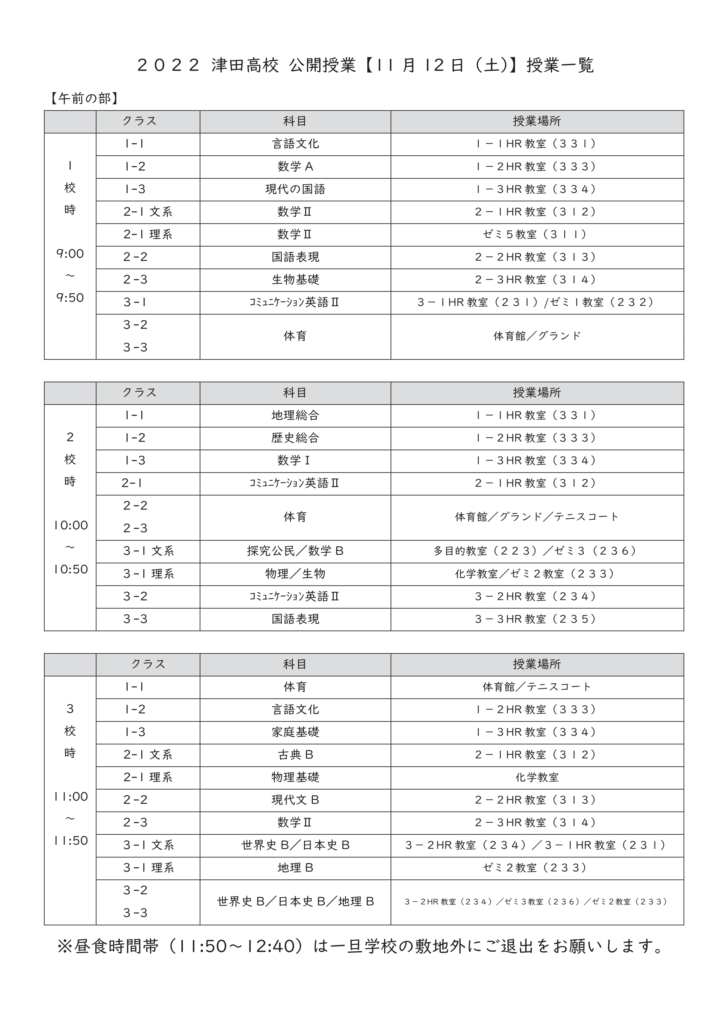 2022津田高校公開授業一覧